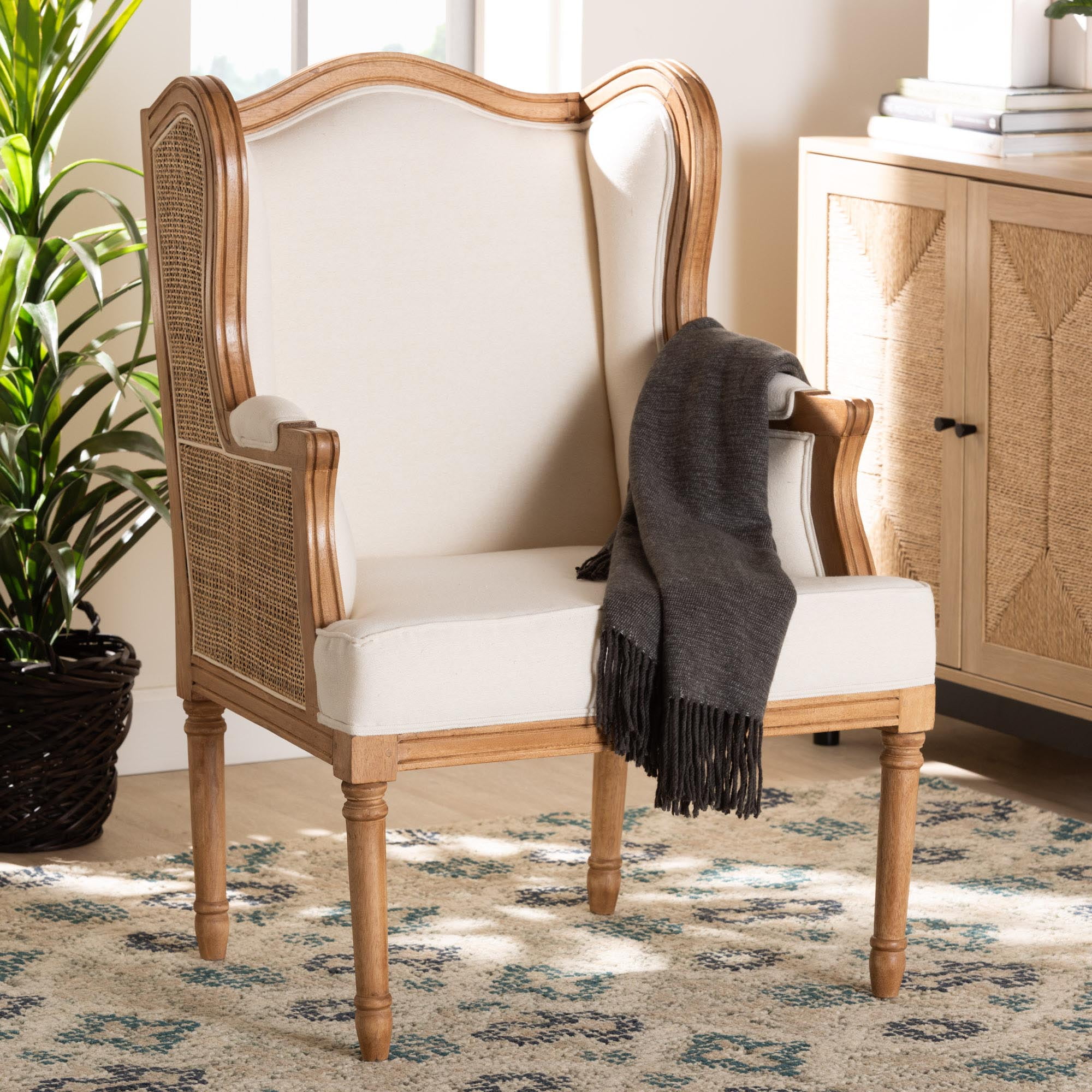 bali & pari Rachana French Provincial Accent Chair with Woven Rattan and Bayur Wood Frame, Honey Oak