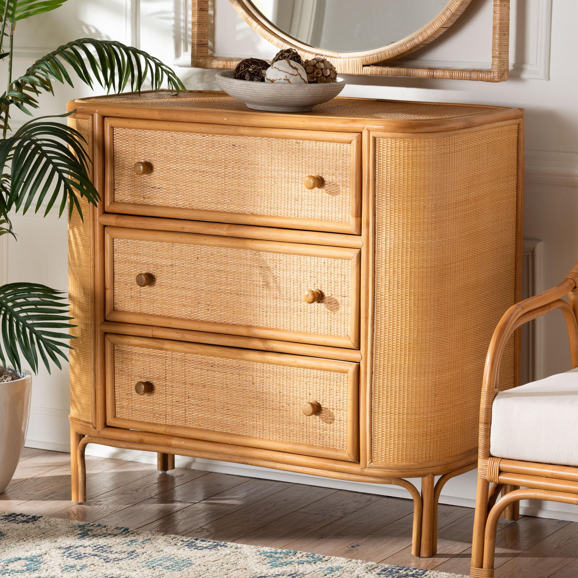 bali & pari Radenza Boho Storage Cabinet, 3-Drawer, Light Honey