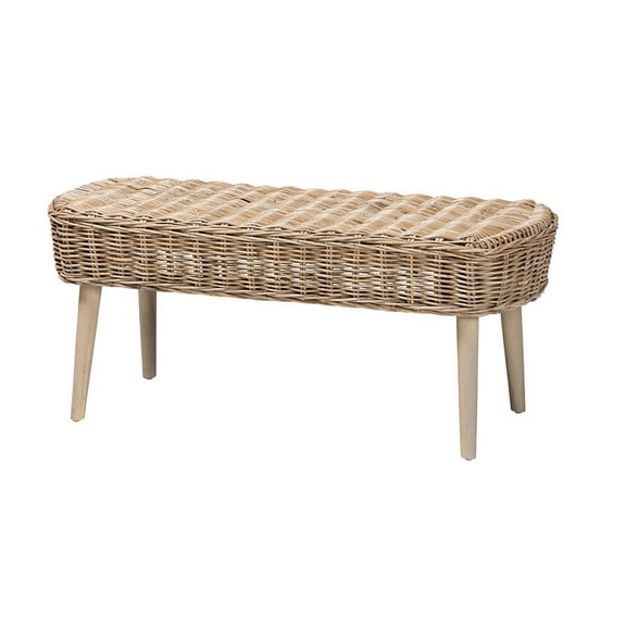 bali & pari Raisa Modern Bohemian Natural Kubu Rattan and Grey Acacia Wood Accent Bench