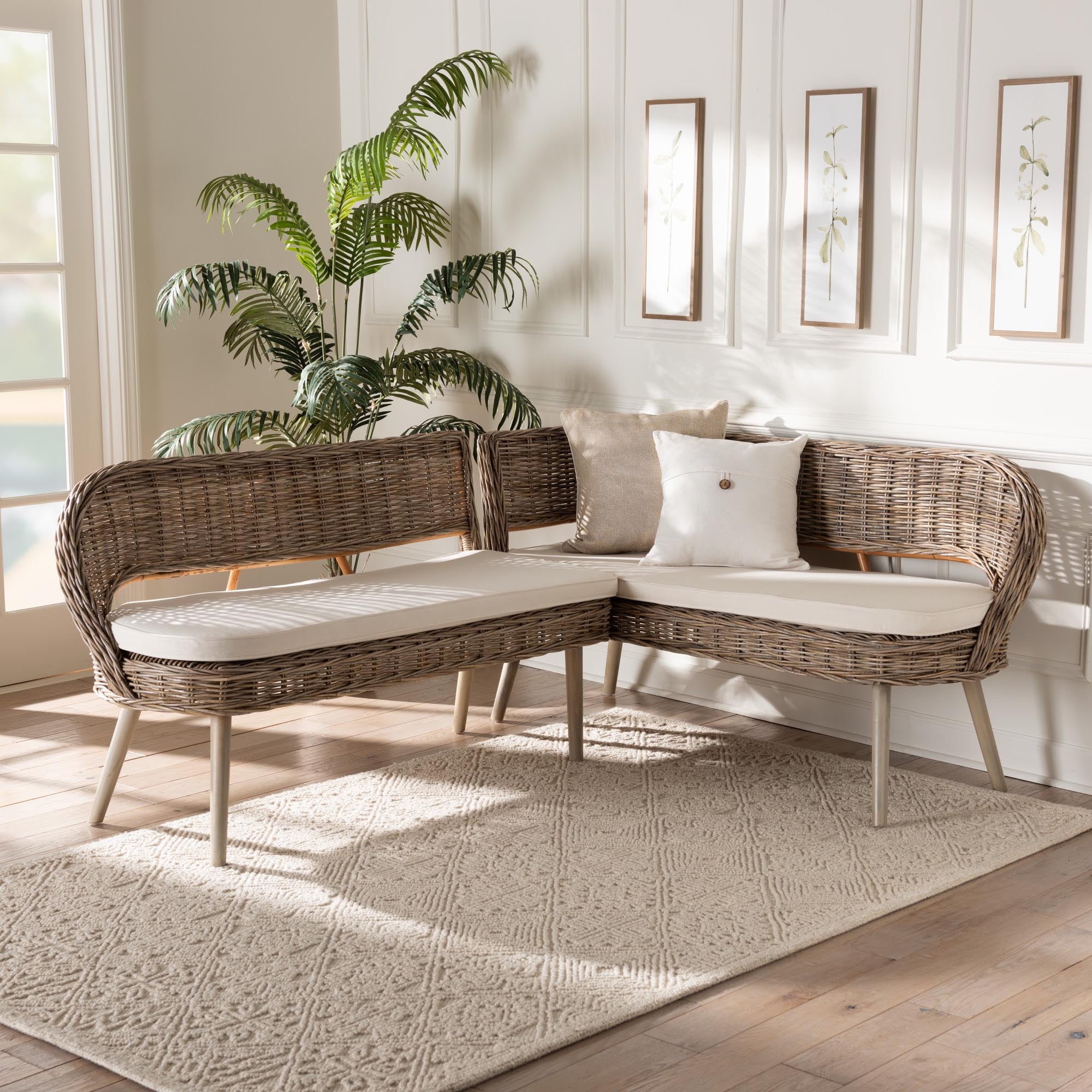bali pari Raisa Rattan BOHO Dining Nook Banquette Set Greywashed