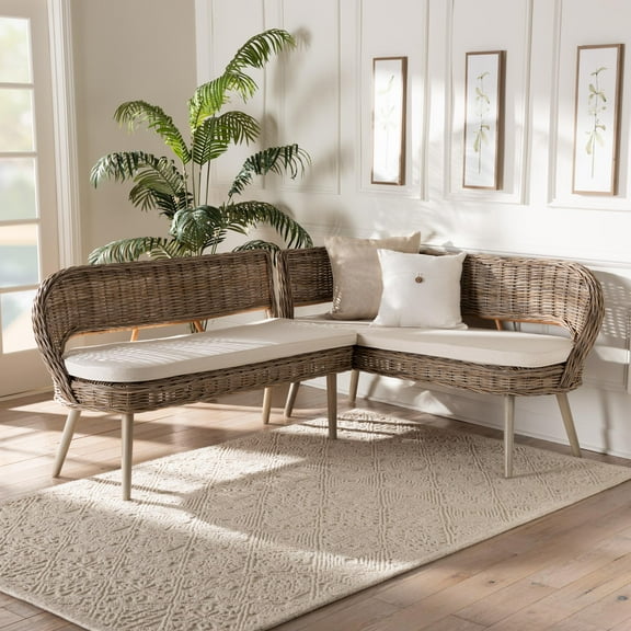 bali & pari Raisa Rattan BOHO Dining Nook Banquette Set, Greywashed
