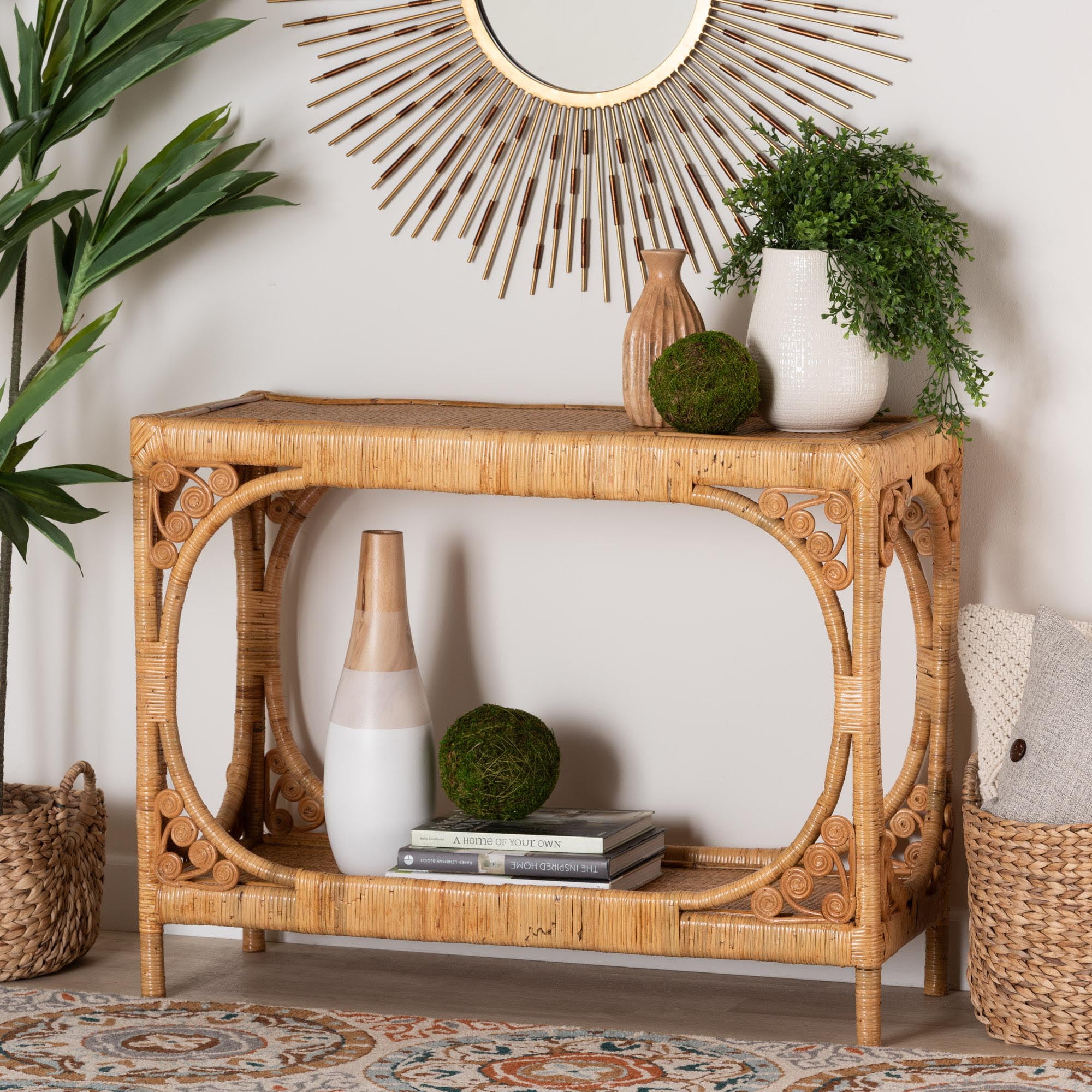 bali & pari Ramona Rattan BOHO Console Tables, Light Honey
