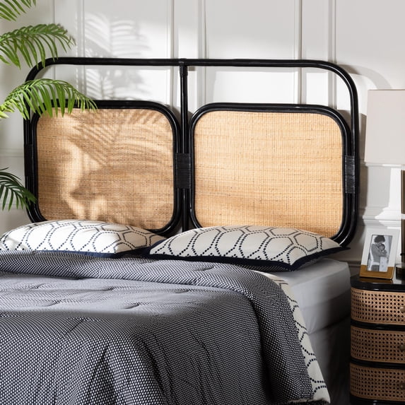 bali & pari Ramsey Modern Bohemian Two-Tone Black and Natural Brown Rattan King Size Standalone Headboard