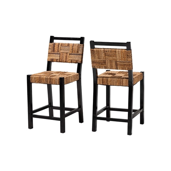 bali & pari Raniya Seagrass Counter Stool Set of 2 - Solid Mango Wood Frame with Woven Seat and Backrest, Rustic Boho Style Dining or Kitchen Island Seating, Black