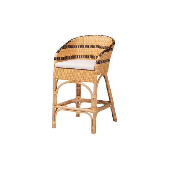 bali & pari Elma Rattan Counter Stool with Cushion - Barrel-Back Counter Chair with Synthetic Woven and Natural Rattan Frame, Boho Coastal Style Seating for Kitchen or Lounge