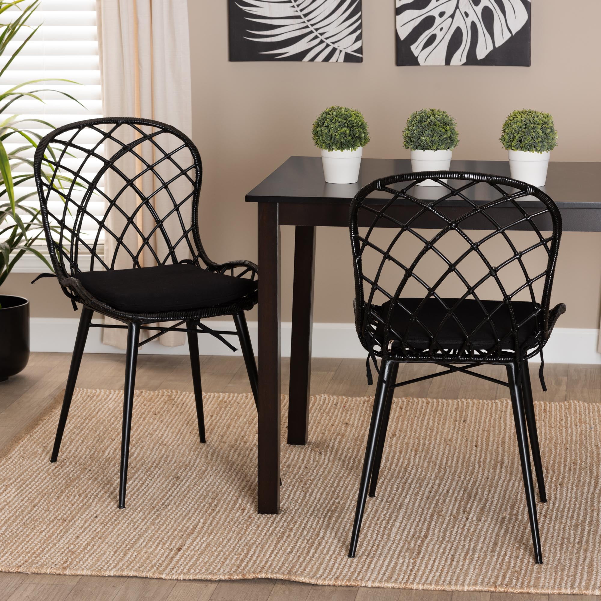 bali & pari Sabelle Rattan BOHO Dining Chairs, Set of 2, Black