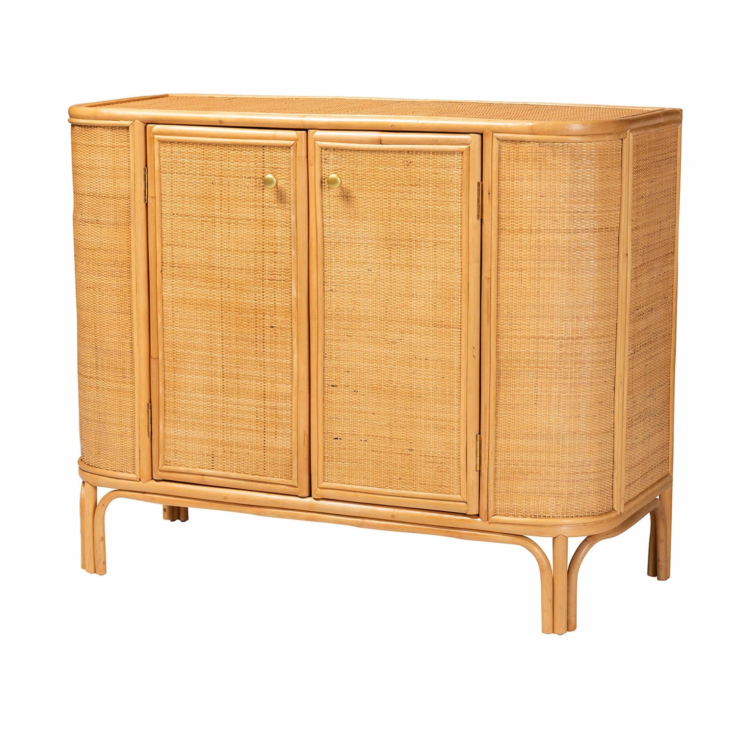 Natural Brown Rattan 2-Door Storage Cabinet with Gold Knobs
