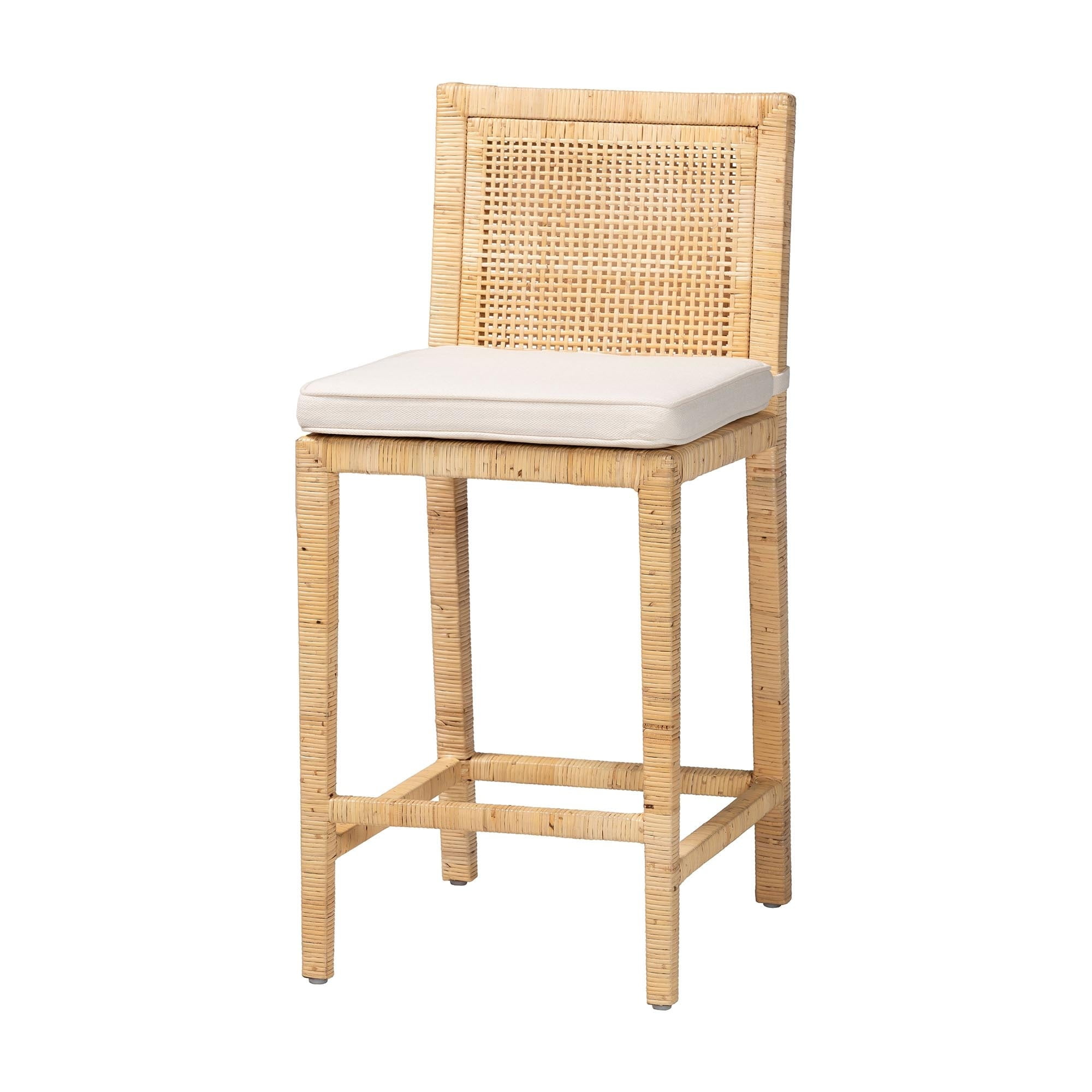 Sofia Natural Mahogany and Rattan Counter Stool with White Cushion