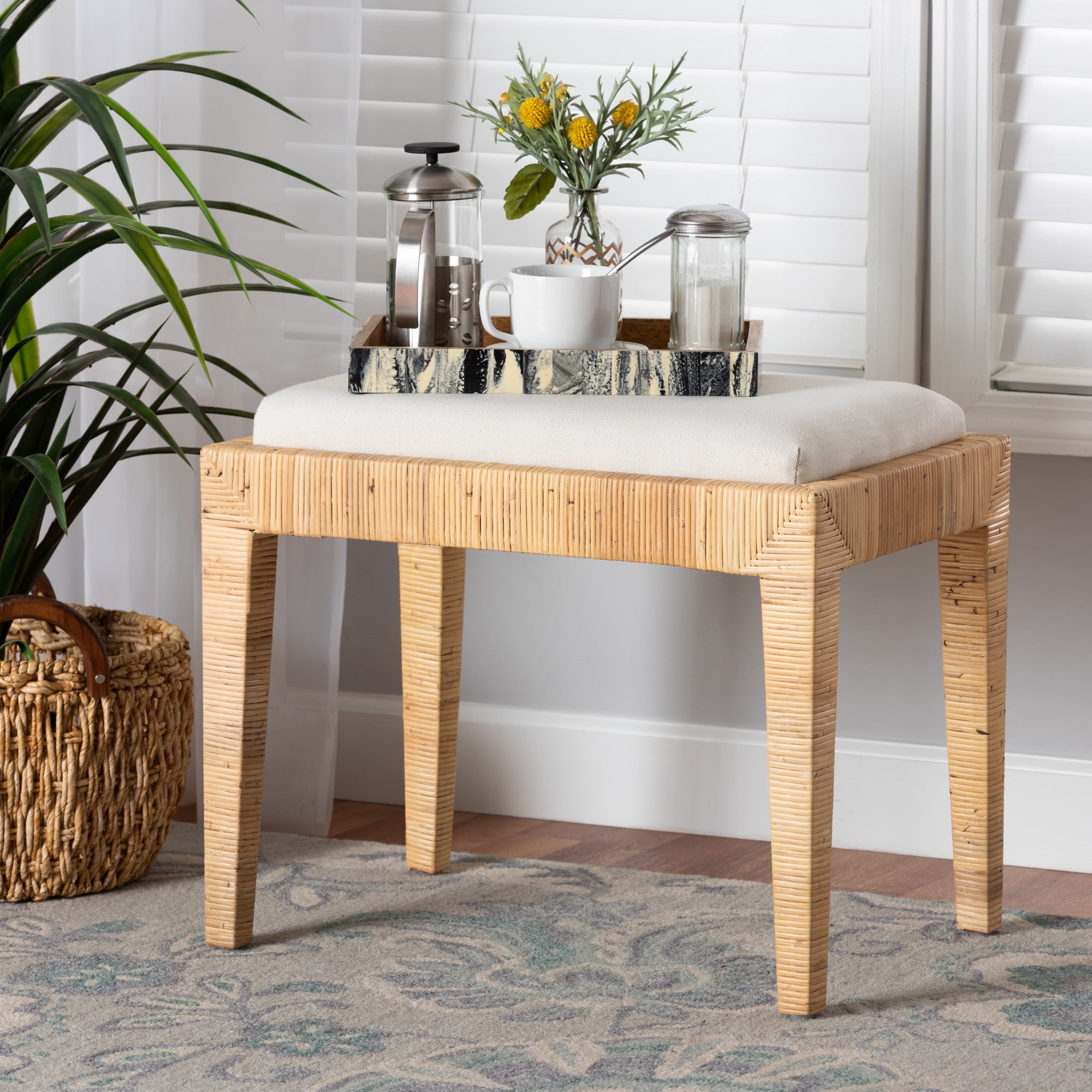 bali & pari Sofia Rattan and Mahogany wood BOHO Ottoman, Natural Brown