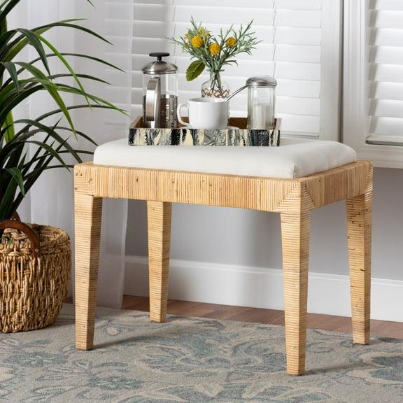 bali & pari Sofia Rattan and Mahogany wood BOHO Ottoman, Natural Brown