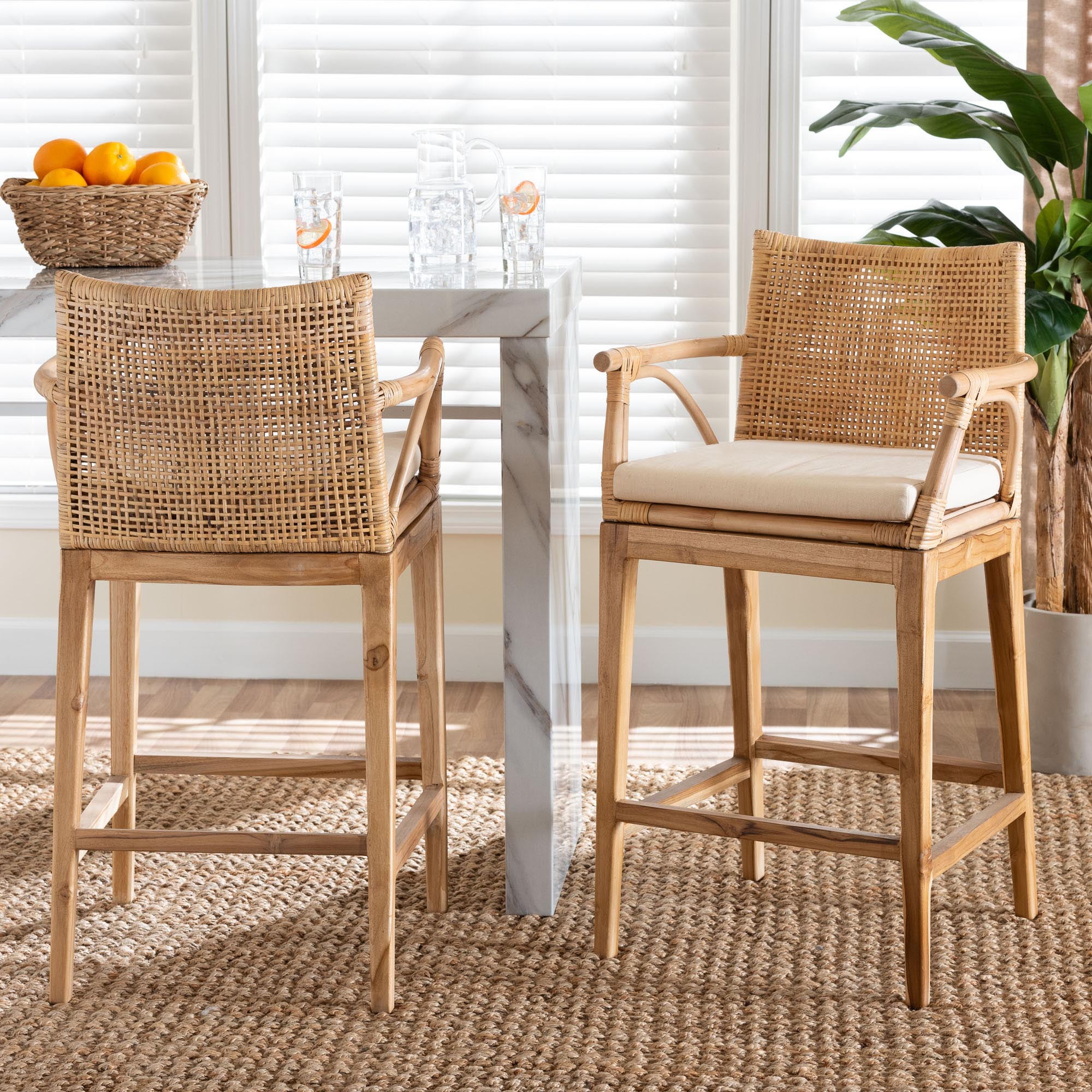 bali & pari Storsel Bohemian Natural Rattan and Teak Wood 2-Piece Counter Stool Set