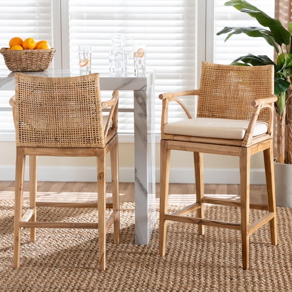 bali & pari Storsel Bohemian Natural Rattan and Teak Wood 2-Piece Counter Stool Set
