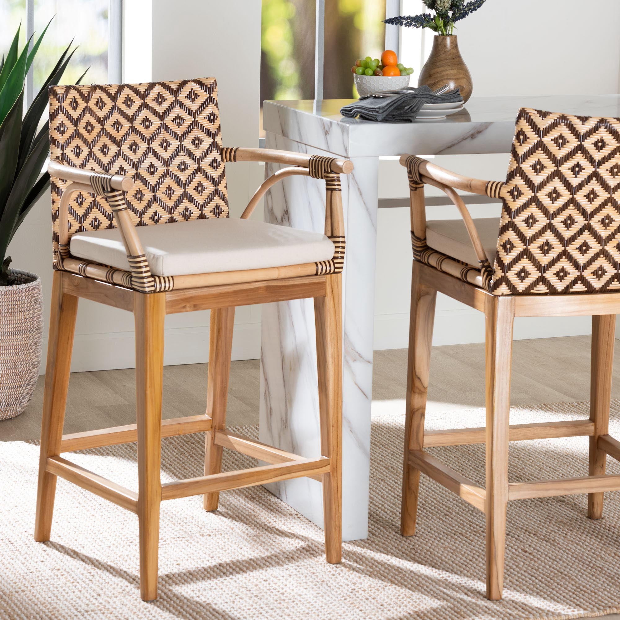 bali & pari Storsel Boho Counter Stool, 25.6" H Counter Height, Natural Brown