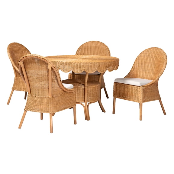 bali & pari Tyrone 5-Piece Rattan Dining Set - Round Wicker Table with Scallop Edge and 4 Side Chairs, Handwoven Boho Style for Dining, Kitchen or Sun Room, Light Honey