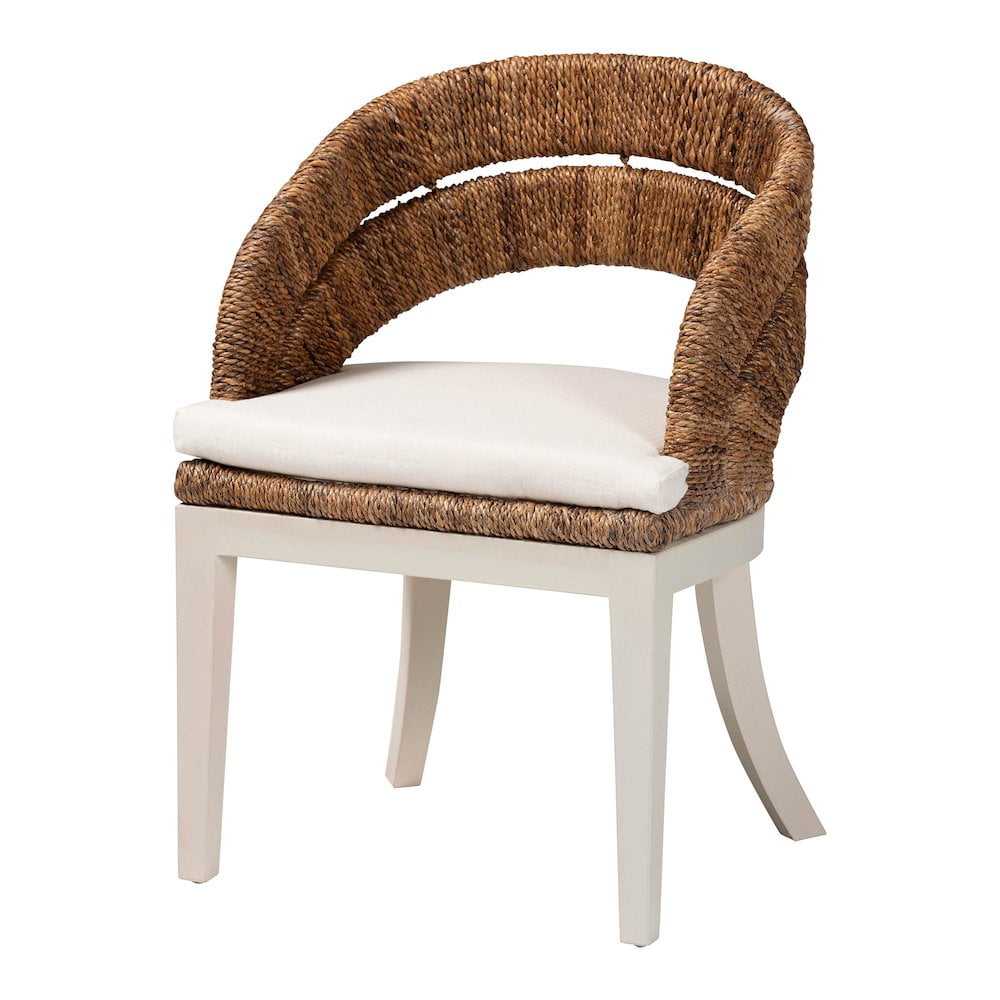 Natural Seagrass and Mahogany Bohemian Arm Chair with White Cushion