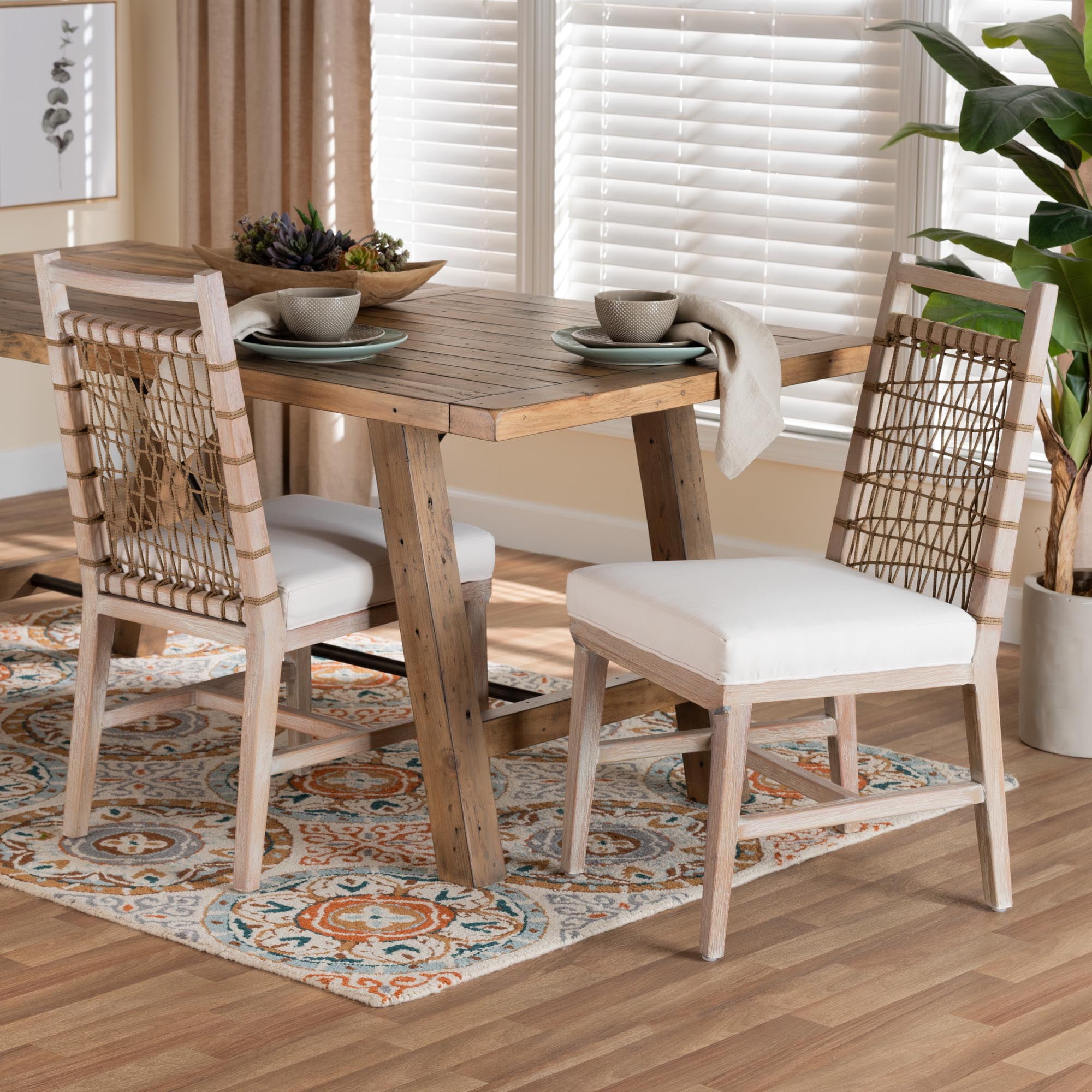 bali & pari Ulric Rattan and Mahogany wood BOHO Dining Chair, White