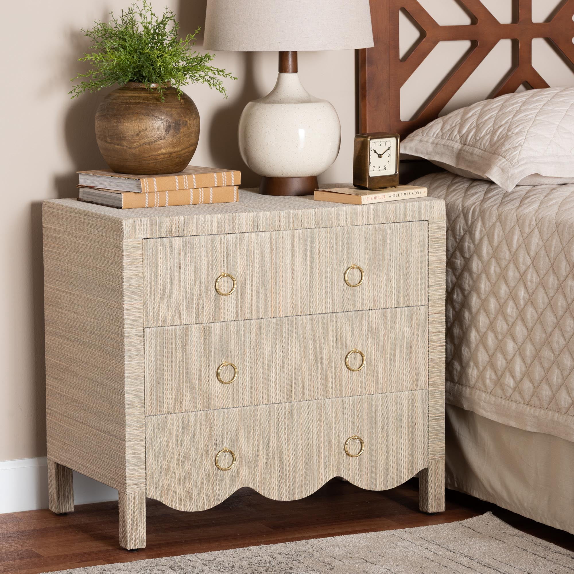 bali & pari Umika Boho Nightstand, 3-Drawer, Beige