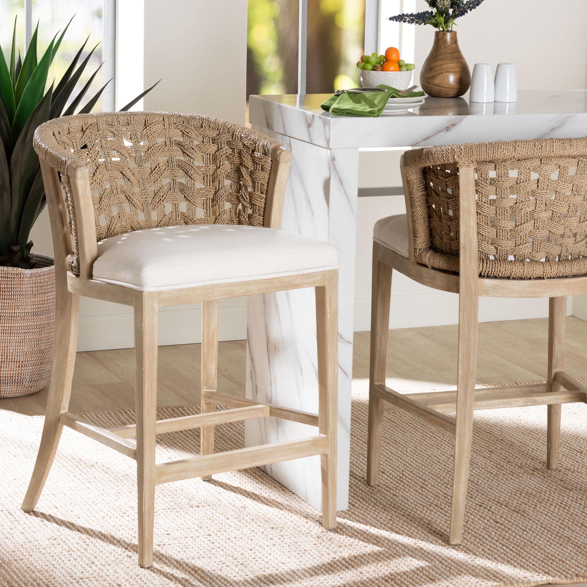 bali & pari Vellon Boho Counter Stool, 26" H Counter Height, White Wash