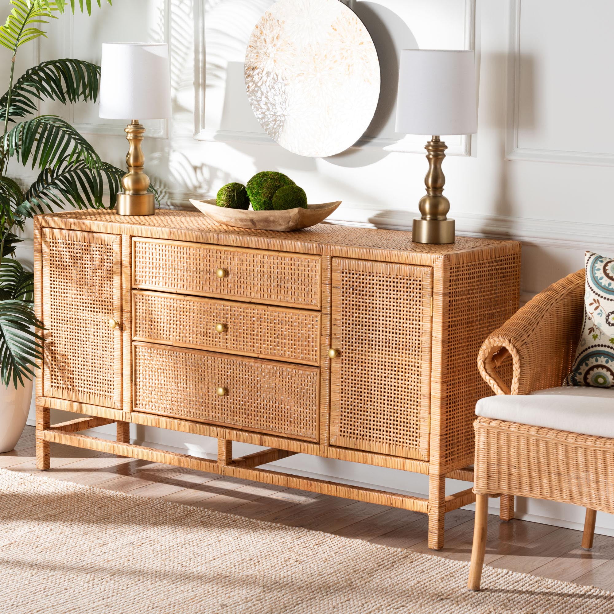 bali & pari Vivan Boho Storage Cabinet, 3-Drawer, 4-Shelf, Honey