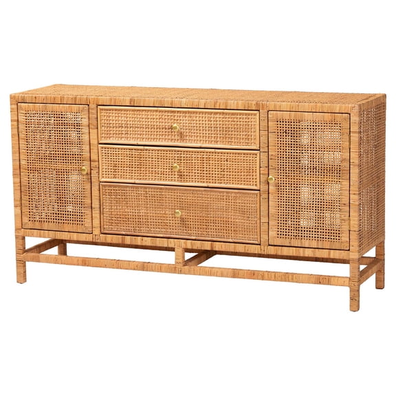 bali & pari Vivan Honey Rattan and Mahogany Wood 3-Drawer Storage Cabinet