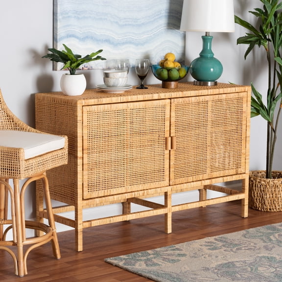 bali & pari Vivan Rattan and Mahogany wood BOHO Storage Cabinet, 2-Door, Natural Brown