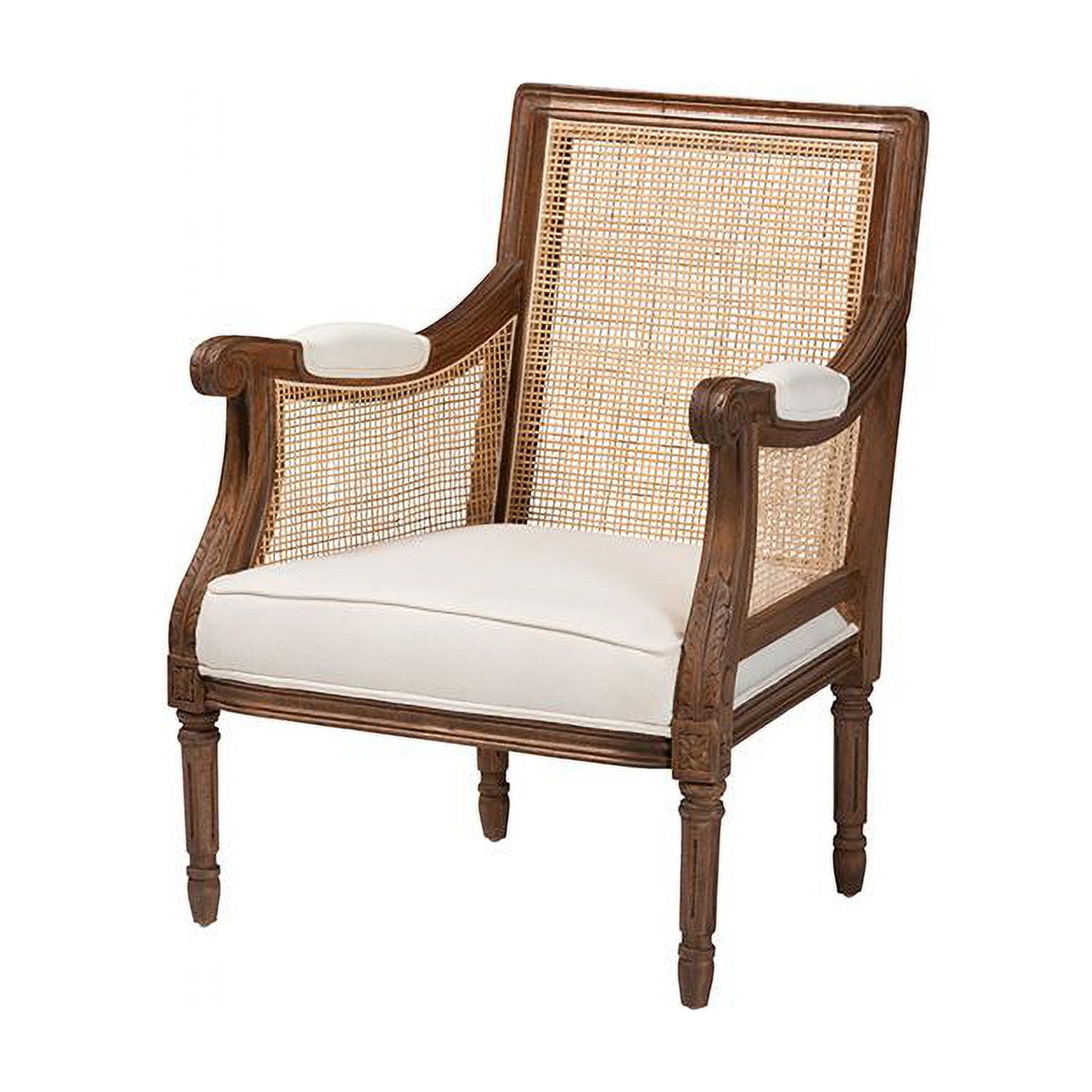 Beige Fabric and Walnut Wood Swoop Arm Accent Chair