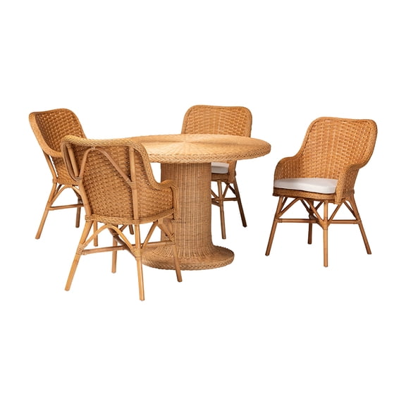 bali & pari Wistan 5-Piece Rattan Dining Set - Round Wicker Table with Pedestal Base and 4 Armchairs, Handwoven Boho Style for Dining, Kitchen or Sun Room, Light Honey