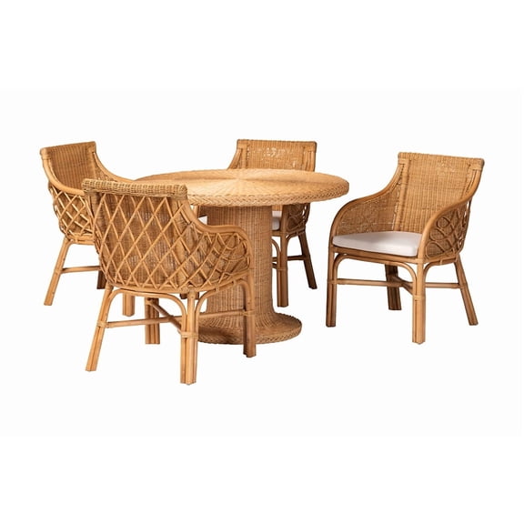 bali & pari Wymond 5-Piece Rattan Dining Set - Round Wicker Table with Pedestal Base and 4 Armchairs, Handwoven Boho Style for Dining, Kitchen or Sun Room, Light Honey