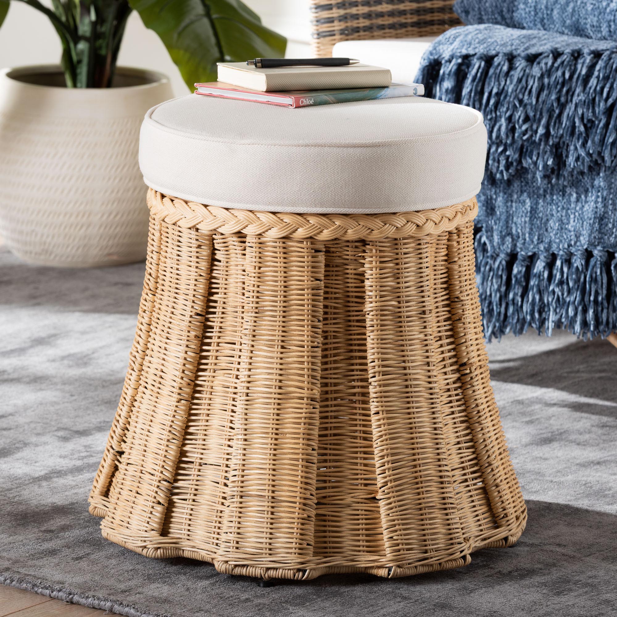 bali & pari Ying Boho Ottoman, Small, Natural Brown
