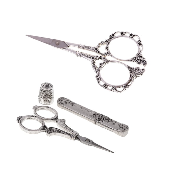 balikha 4 Pieces/Set Professional European Vintage Sewing Kit Antique Silver Scissors Thimble Needle Case DIY Sewing Tools Kit for Embroidery Cross Stitch Crewel Craft