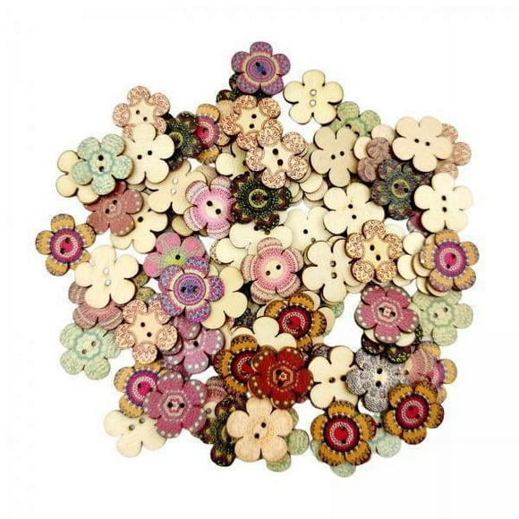 balikha 4x100pcs Mixed Random Flower Painting Wooden Retro Buttons Assorted Color 2