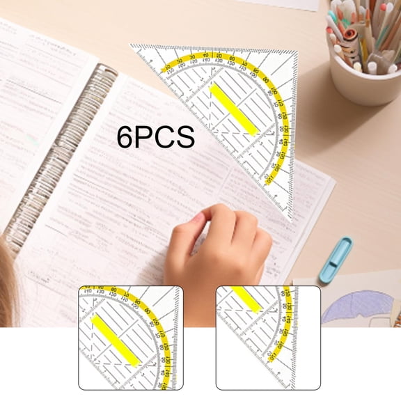 balikha 6 Pieces Set Square Protractor with Yellow Scale Geometry Drawing Measurement Tool with Detachable Handle for University Home