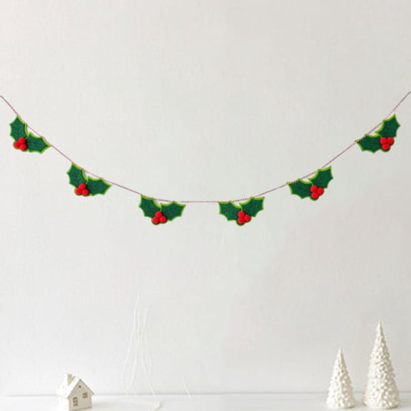 balikha Christmas Garland Pre Strung Felt Banner Red Berries Green Leaves Holiday Decorative Garland For Wall Tree Staircase Suitable for home decoration fireplace gift giving 2 Leaves Design