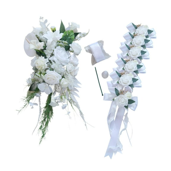 balikha Wedding Car Decoration Set Artificial Flowers Easy Installation Elegant Wedding Car Ribbons and Bows for Ceremony Accessories White