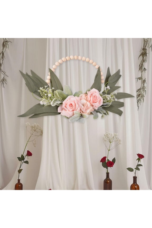 Wood Pearls Flower Wreath, Front Door Flower -ready, Birthday Present, Party Guest Gifts, Decorative Boho Wall Hanging Decor for Wedding Wall Pink