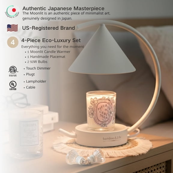 bamboo&life Moonlit TouchOn Candle Warmer Lamp,4-Pc -Luxury Set,Authentic Japan Moon Design,US Brand,&ETL Certified Components,Real Bamboo Base, Touch Dimmer,Housewarming Gift,Home Decor