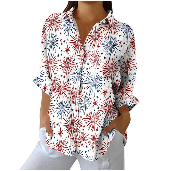 bamboo linen Independence Day shirts for womens collared Short Sleeve tee shirts USA Flag Star printed tunics blouses Baggy dressy shirts holiday beach party Patriotic clothes 2025