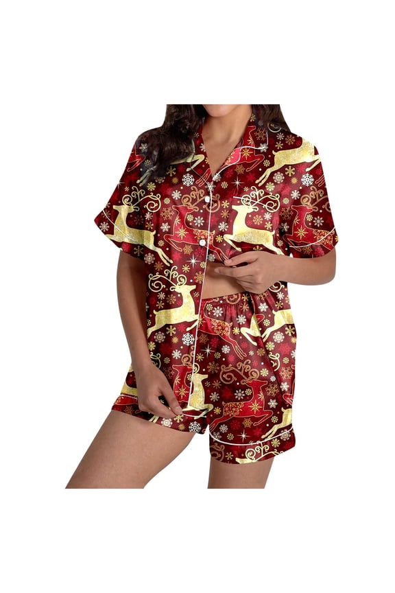 bamboo viscose pajama sets for women temperature regulating sleepwear with pockets Women's Reindeer Print Short Sleeve & Shorts Pajama Set For Christmas