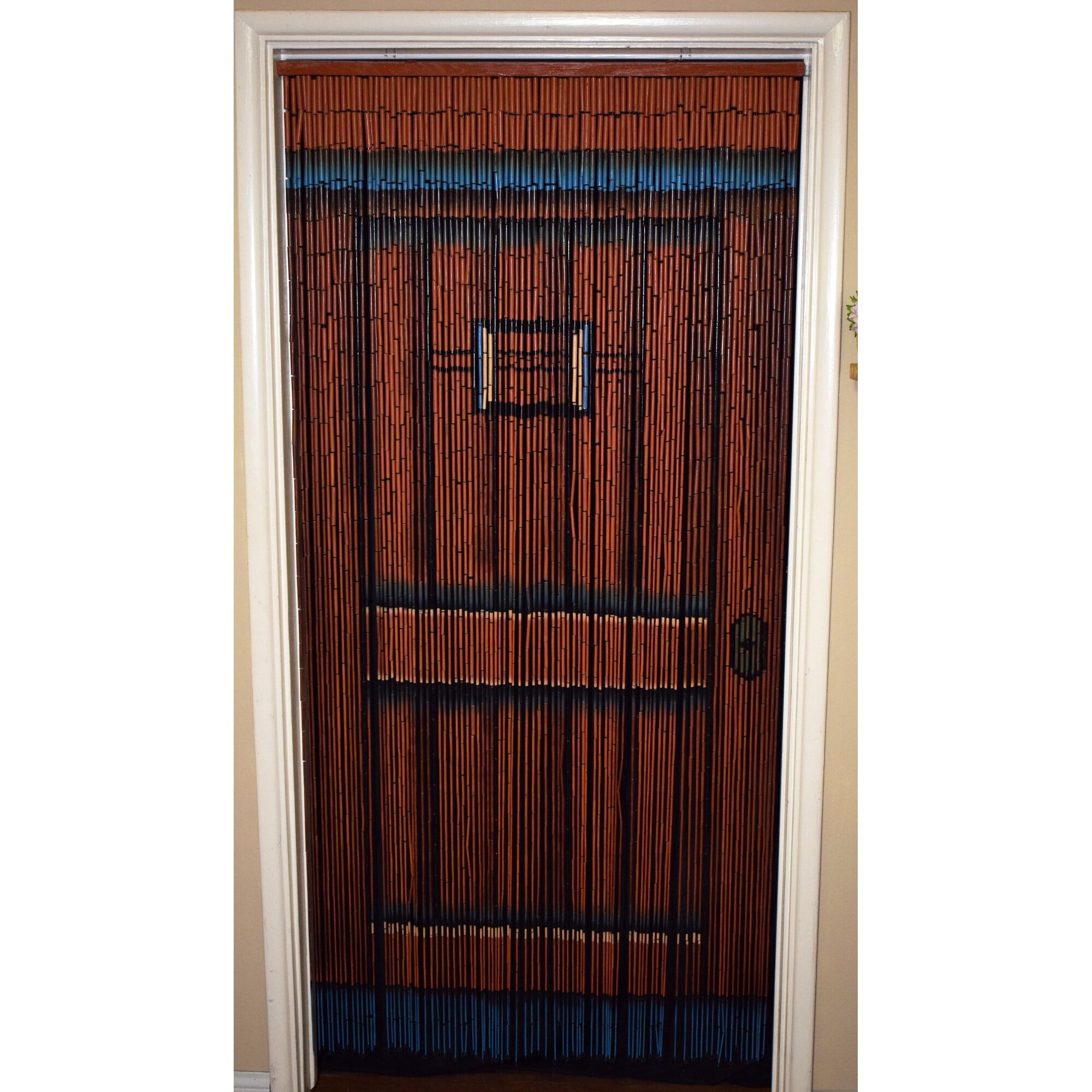 Handmade Brown Bamboo Beaded Door Curtain with Painted Design