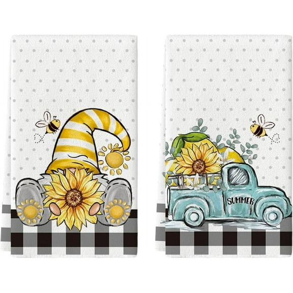 bamooi Buffalo Plaid Gnome Bee Truck Sunflower Lemons Summer Kitchen Towels Dish Towels, 18x26 Inch Decoration Hand Towels Set of 2