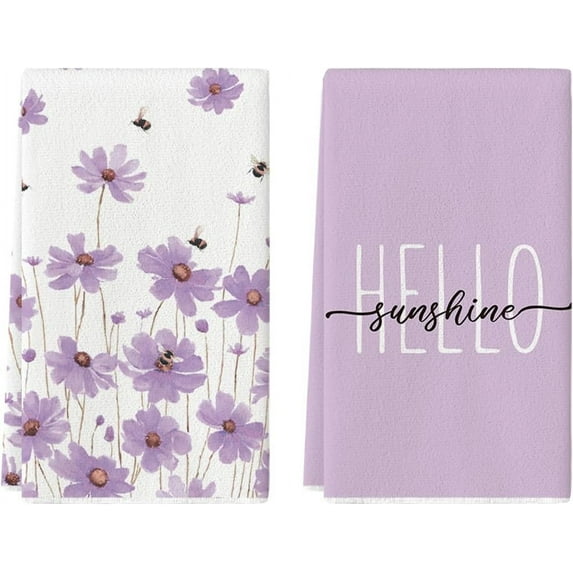 bamooi Purple Flowers Bee Hello Sunshine Summer Kitchen Towels Dish Towels, 18x26 Inch Seasonal Holiday Decoration Hand Towels Set of 2