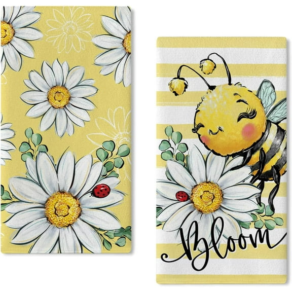 bamooi Spring Summer Daisy Flower Kitchen Dish Towels Set of 2, Bumble Bee Floral Bloom Hand Towels Drying Baking Cooking Cloth, Yellow Stripes Eucalyptus Leaves Ladybug Home Kitchen Decor 18 x 26 in