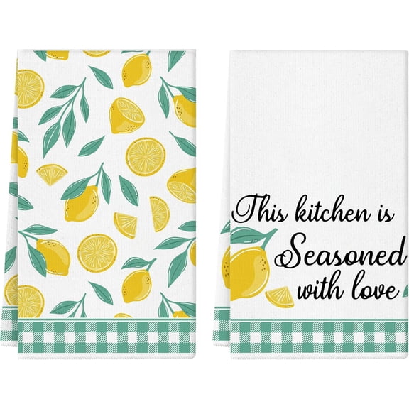 bamooi Summer Kitchen Towels 2 Pcs Seasonal Lemon Dish Towels Decorative This Kitchen is Seasoned with Love Hand Ctue Tea Towel for Home Spring Summer Fall Winter Housewarming Gift 18X26 Inch
