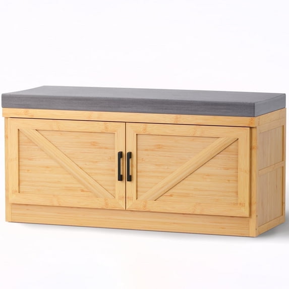 bamzc brz 2-Tier Shoe Storage Bench with Adjustable Shelf and Cushion, Spacious Shoe Storage, Natural