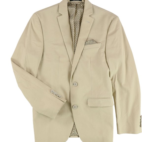bar III Mens Notched Lapel Two Button Blazer Jacket, Beige, 36 Short