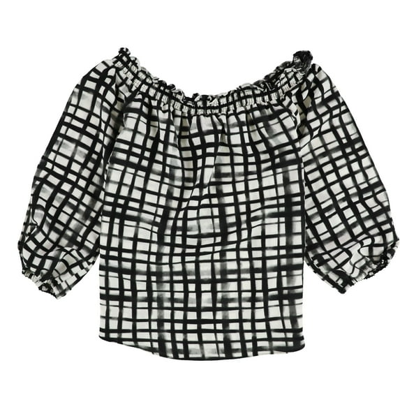 bar III Womens Block Grid Printed Off the Shoulder Blouse, White, X-Small
