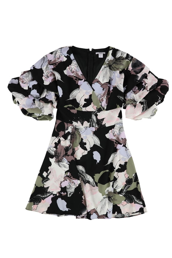 Womens Bubble-Sleeve Wrap Dress, Black, X-Small