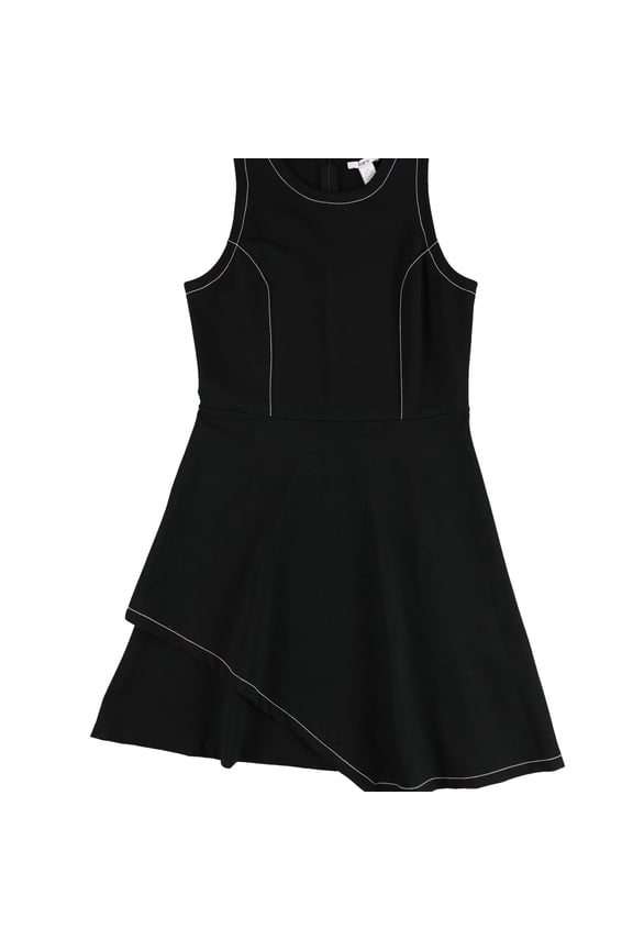 Womens CONTRAST-STITCH LAYERED-HEM Shirt Dress, Black, Large