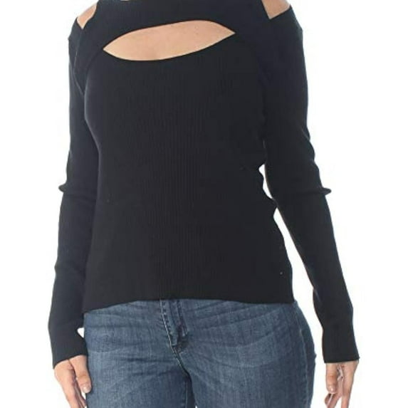 bar III Womens Cutout Ribbed Pullover Sweater, Black, XX-Large