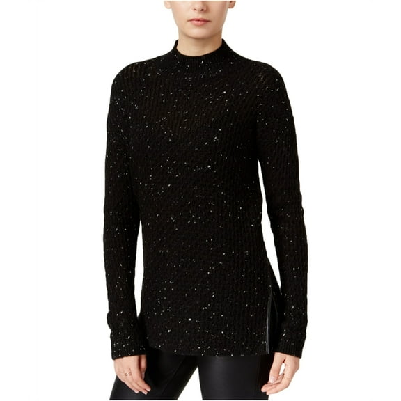 Bar III Faux Leather Trim Mock Neck Sweater Black Combo S